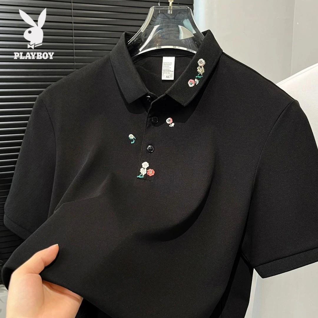 花花公子夏季新款领口花卉刺绣POLO衫时尚休闲百搭透气翻领短袖潮