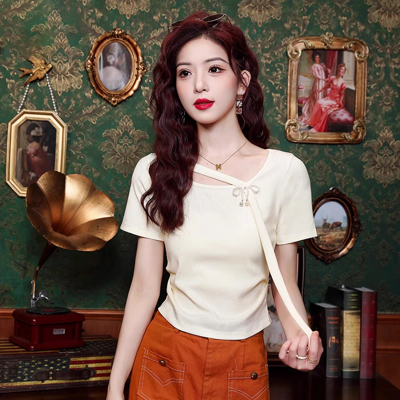 韩版气质小个子短袖T恤女2025夏季新款洋气减龄小衫掐腰显瘦上衣
