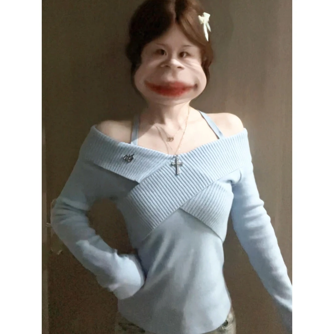 纯欲感高级交叉领设计感一字肩长袖针织衫女春季露肩收腰上衣时尚