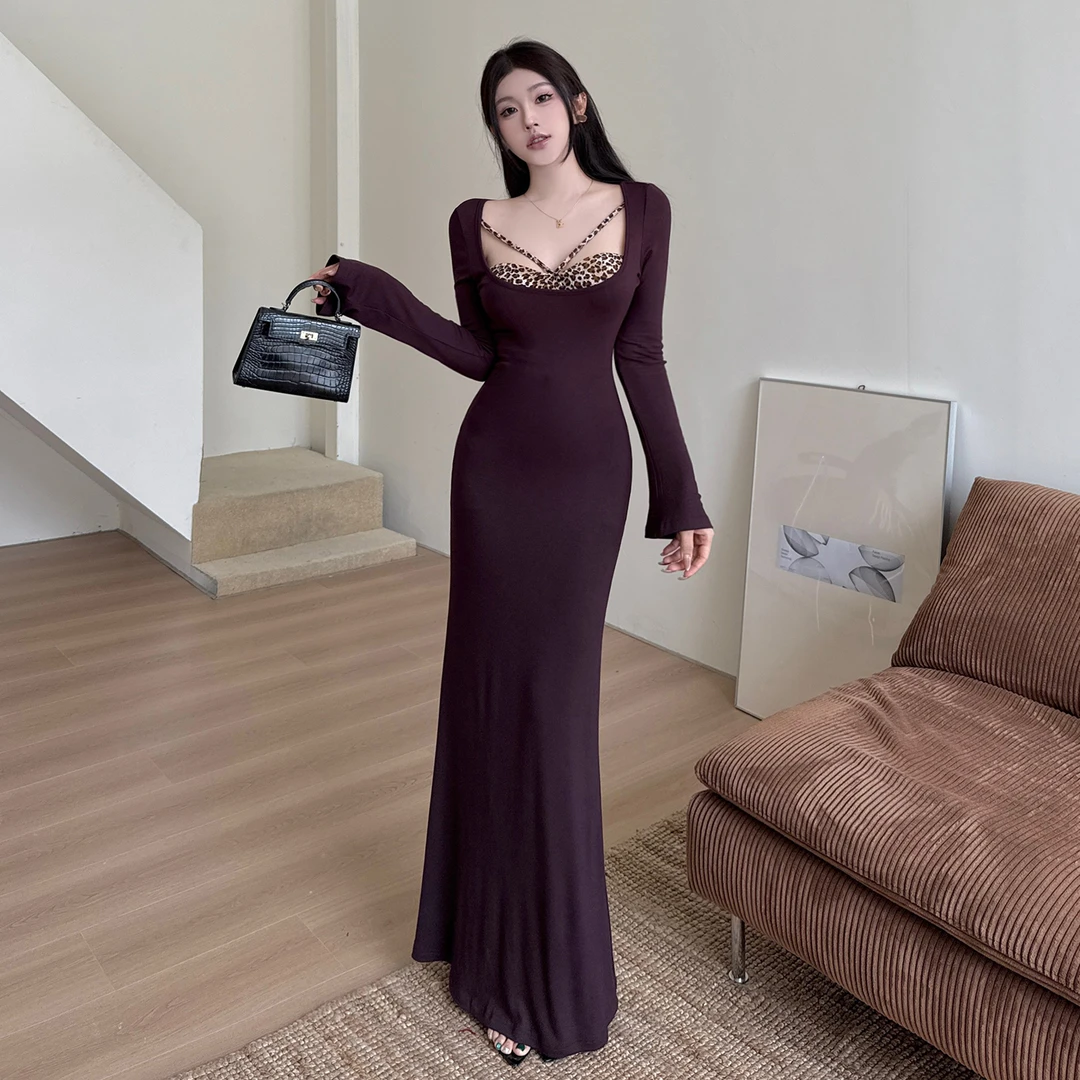 KaDaiShan 时尚性感豹纹拼接紫色连衣裙秋冬款气质名媛包臀长裙