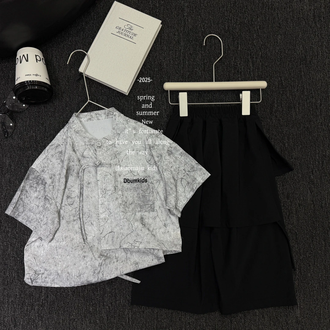 现货-儿童夏季新款国风盘扣套装D-6085欧若风穿搭套装男女两件套