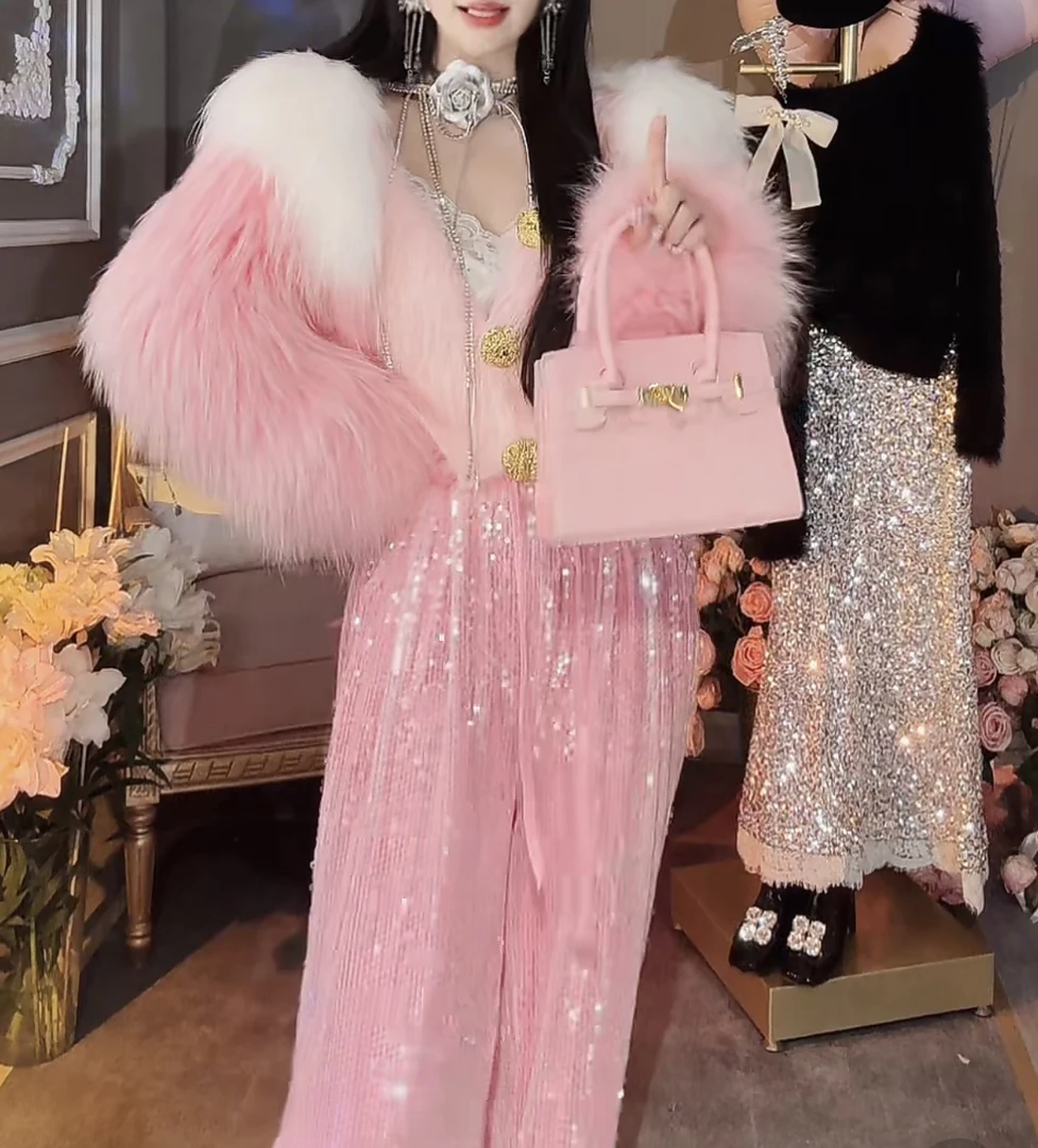 【崔】水月洛神 轻奢甜美手工海军领翻领渐变毛毛外套10865