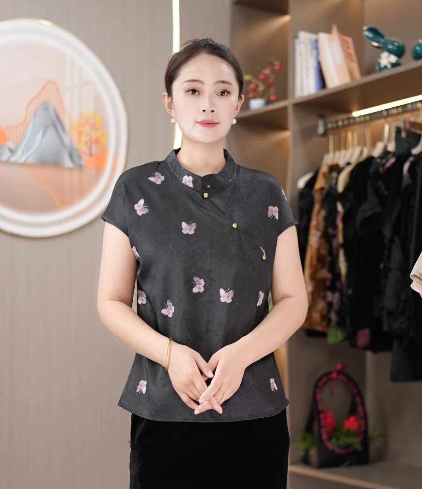 【黑色蝴蝶】短袖圆领常规薄款城市游牧风时尚女显瘦显气质士小衫