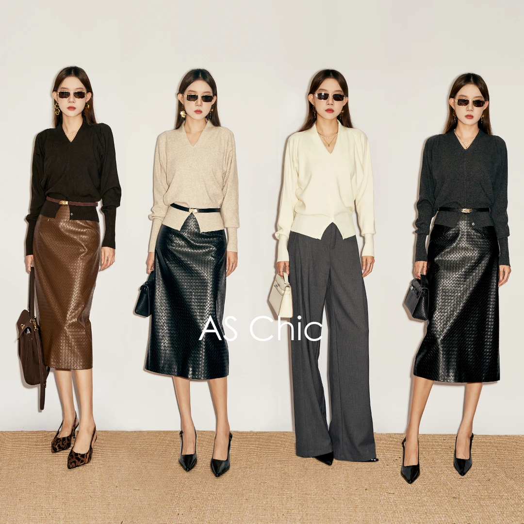 AS chicAW都市轻简/气质V领收腰蝙蝠袖针织上衣 ASY2037