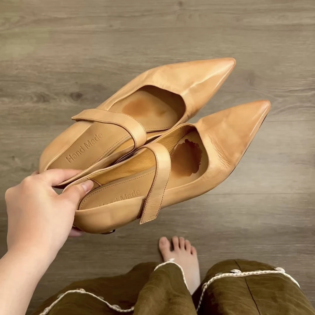 Dannyfrey复古浅口头层牛皮尖头一字带中跟女款通勤玛丽珍单鞋3CM