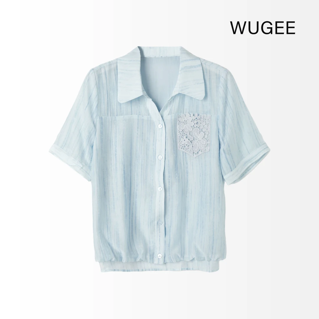 【WUGEE】时尚休闲百搭夏季小众薄款刺绣口袋衬衫