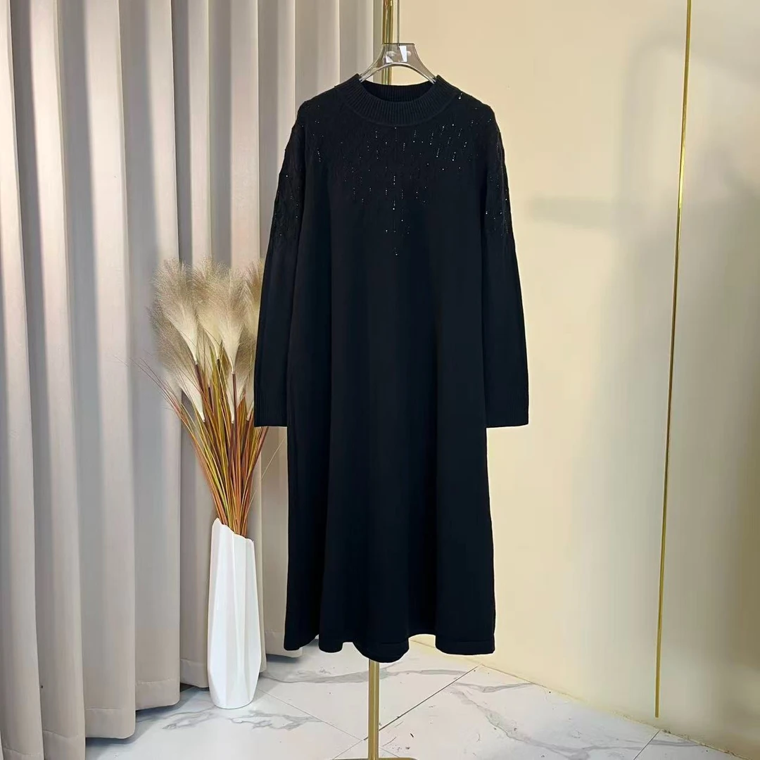 【香奈大码059】 新款重工烫钻衫混纺安迪绒连衣裙