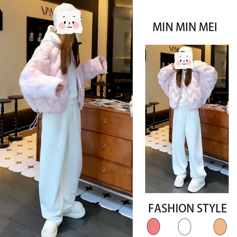 冬装韩系宽松加厚设计感轻薄棉服外套连帽加绒卫衣卫裤显瘦两件套