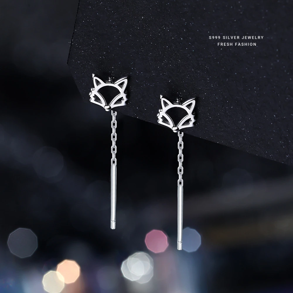 足银耳饰 森系狐狸耳线女s999纯银清新流苏耳钉甜美耳坠足银耳饰