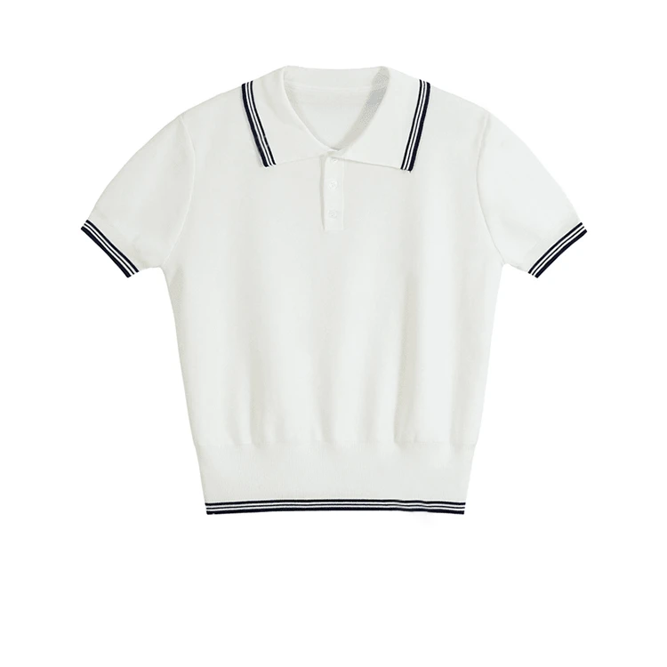 韩版百搭撞色Polo领短袖针织衫女夏季小众洋气收腰显瘦正肩上衣薄