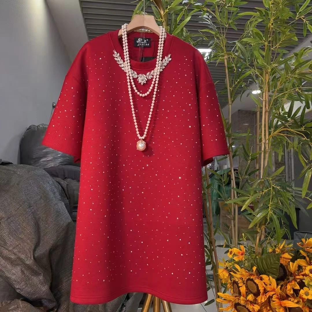 欧货时尚镶钻领短袖长T恤微胖大码宽松显瘦潮女洋气85288上衣圆领