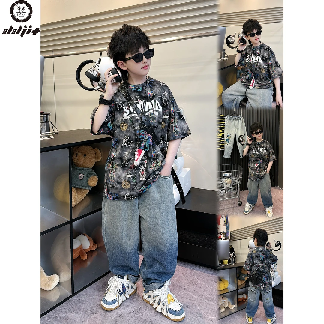 25124【小熊恐龙】夏款时尚街头男童灰黑色小熊恐龙满印短袖T恤