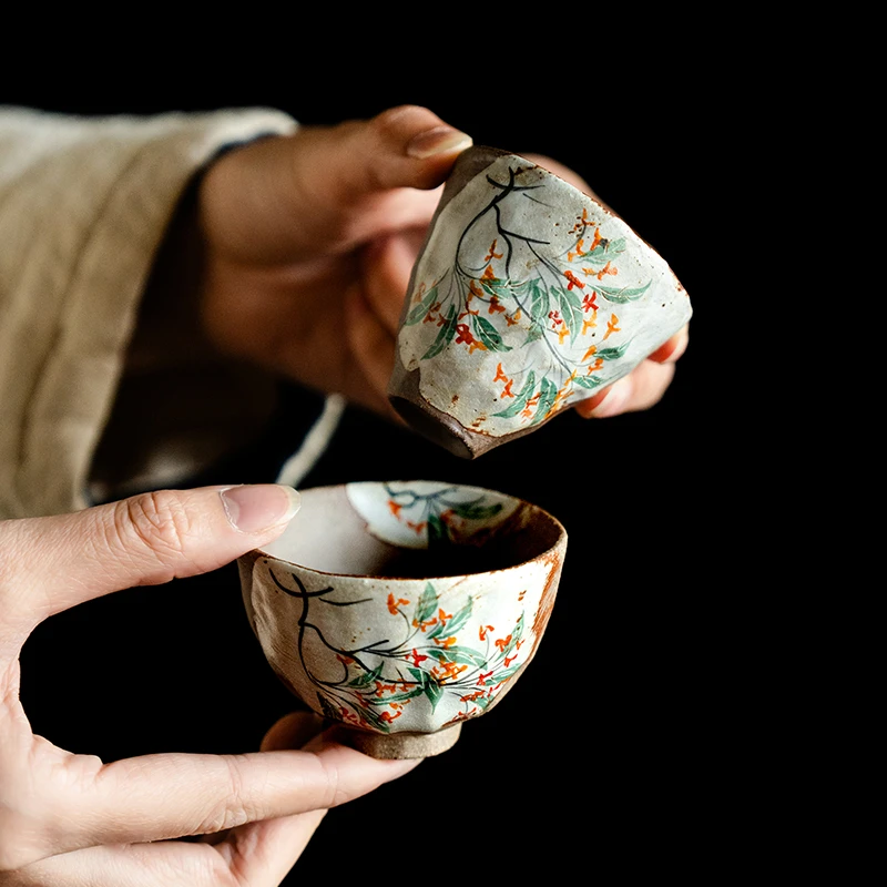 德白手绘老岩泥茶杯复古粗陶品茗杯柴烧创意中式纯手工主人杯单杯