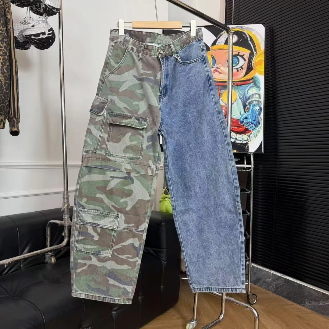 LIN美人女装杂货铺 新款时尚个性迷彩拼接蓝色牛仔洗水弯刀牛仔裤