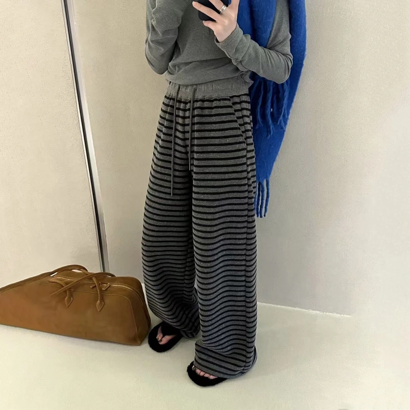 撞色条纹阔腿裤女春季慵懒感休闲裤高腰垂感显瘦拖地长裤