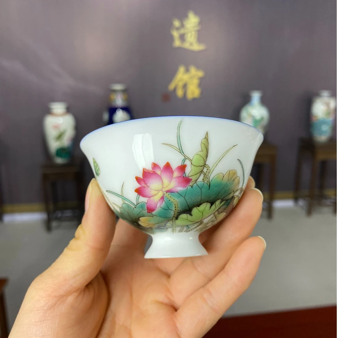 【王国喜】荷花小高足杯容量80cc 景德镇纯手工手绘茶器茶具