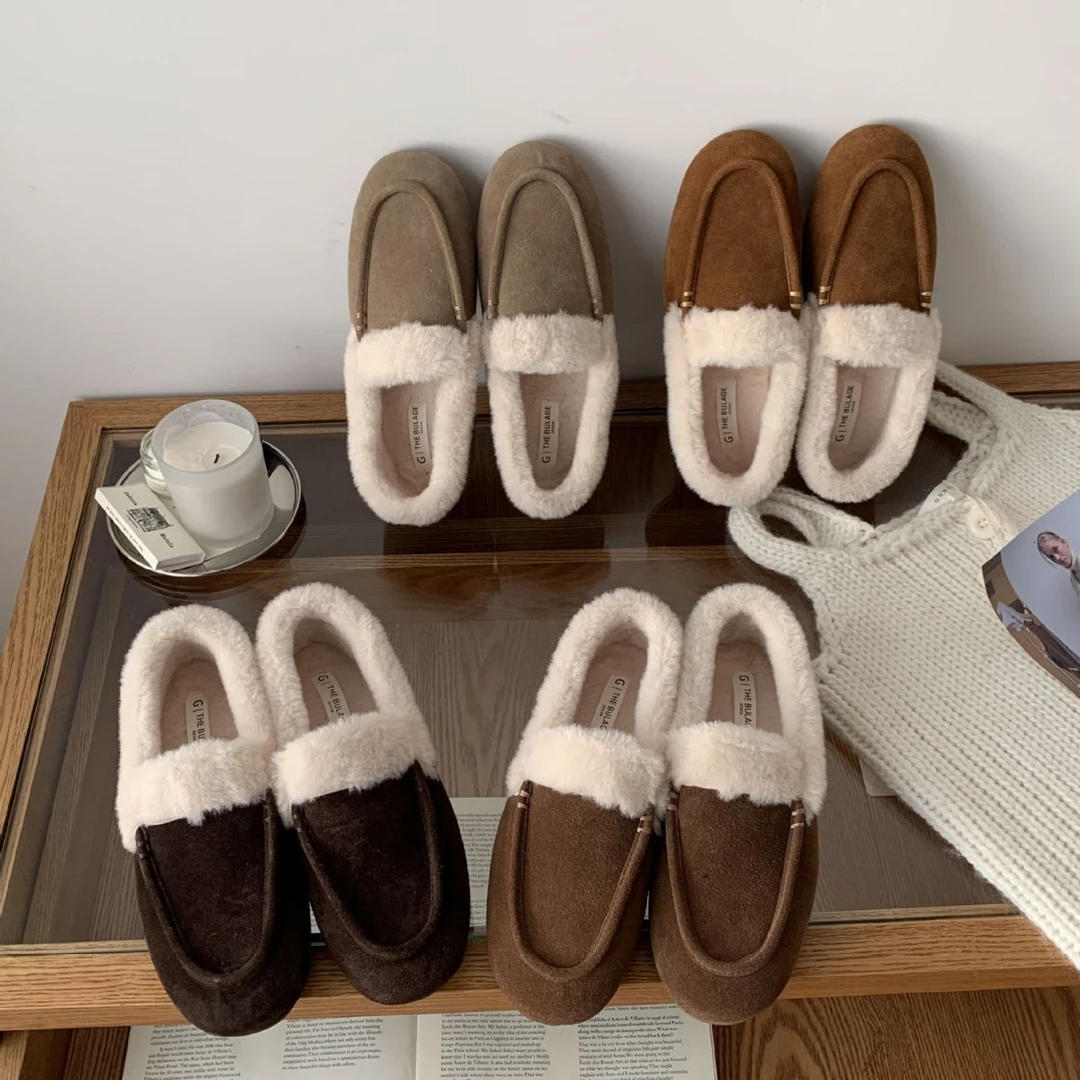 通勤鞋黑色流行加绒保暖平底软底加厚百搭厚底秋冬季日风深口圆