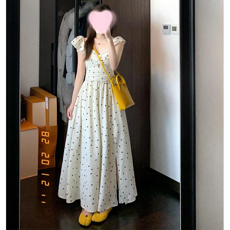 法式方领小飞袖波点吊带连衣裙女2025夏季新款高级感收腰气质长裙