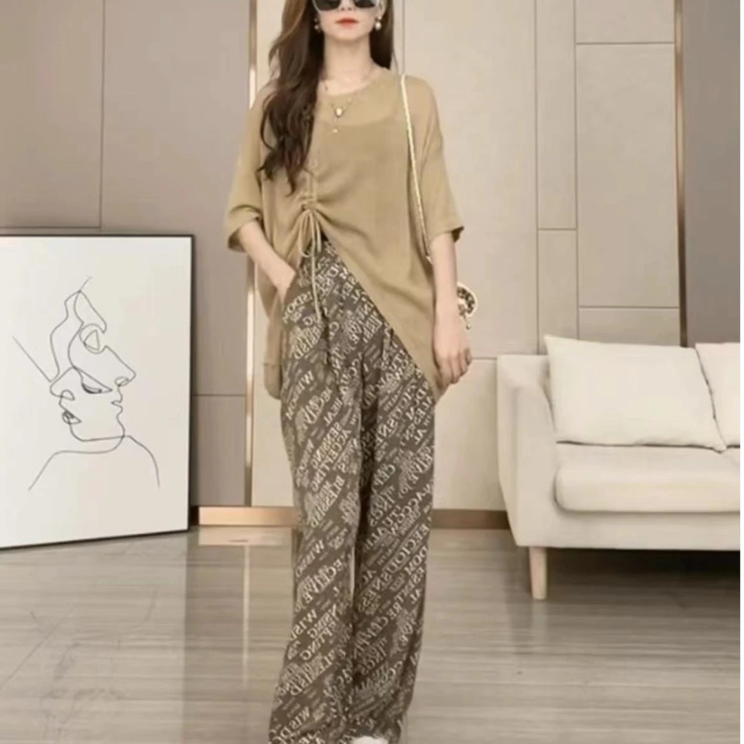 A122针织打底衫女时尚抽绳套裤套装