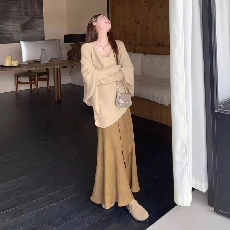 春季搭配一整套蝙蝠袖毛衣鱼尾裙两件套装独特漂亮超好看秋季显瘦