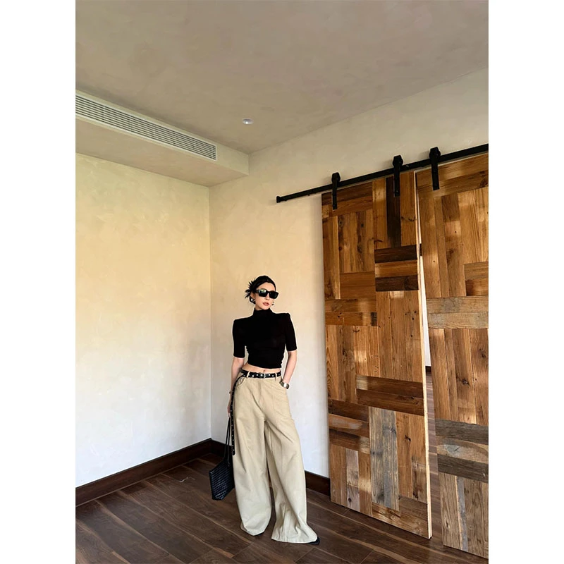 轻奢高级感洋气休闲百搭显瘦半高领上衣复古高腰宽松百搭阔腿长裤