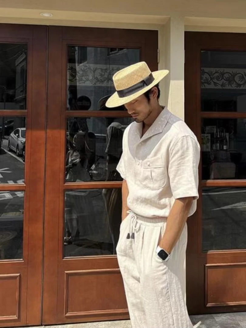 东大门亚麻套装男