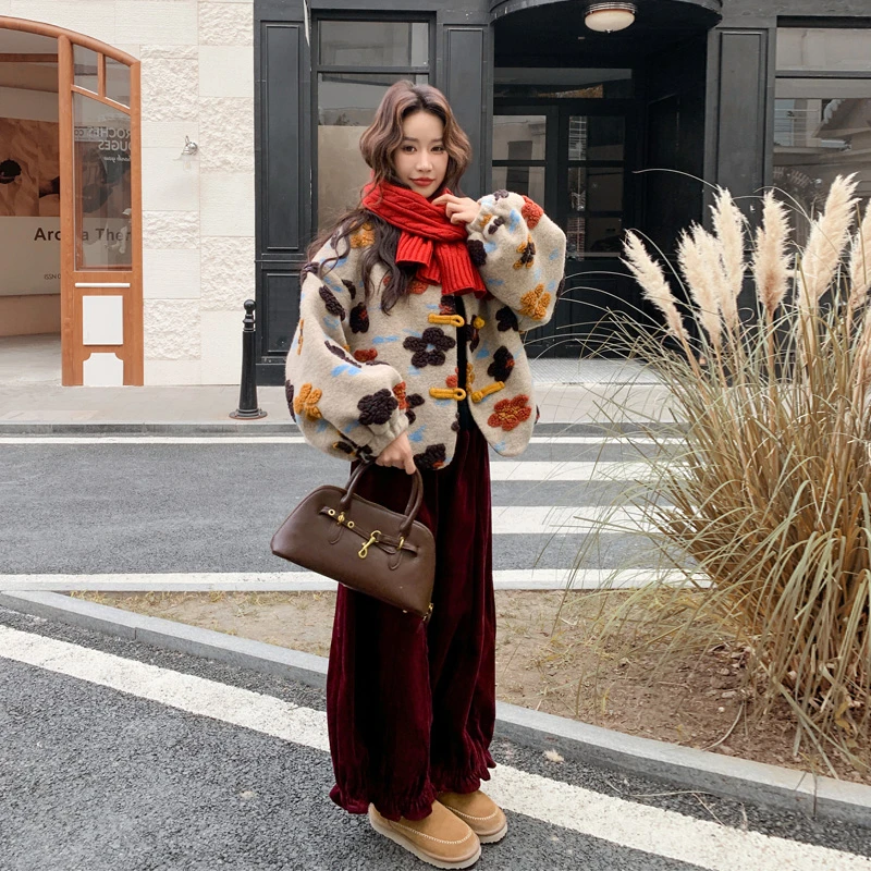 氛围感立体花朵羽绒服束脚裤2025冬季新款甜美风韩系ins风两件套