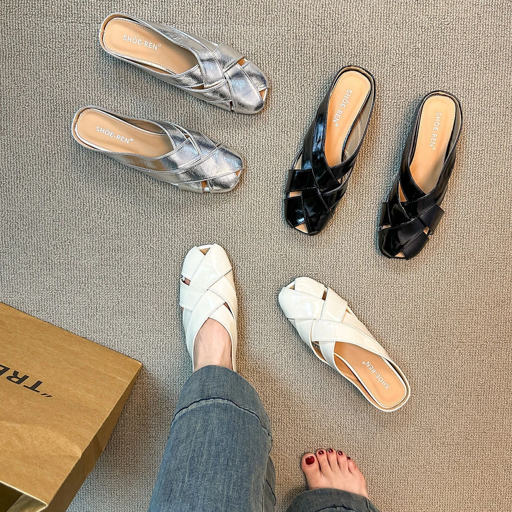 隐形内增高女鞋真皮包头半拖鞋女款夏外穿2025新款编织懒人凉拖鞋