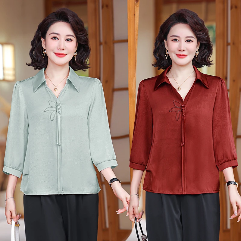 妈妈春装七分袖气质小衫中老年女春夏衬衫洋气百搭2025新洋气上衣