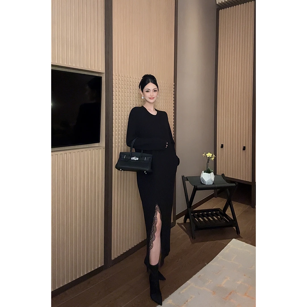 紫紫 三季时髦 经典华夫格蕾丝连衣裙女秋款修身长裙ZC08LZYL562