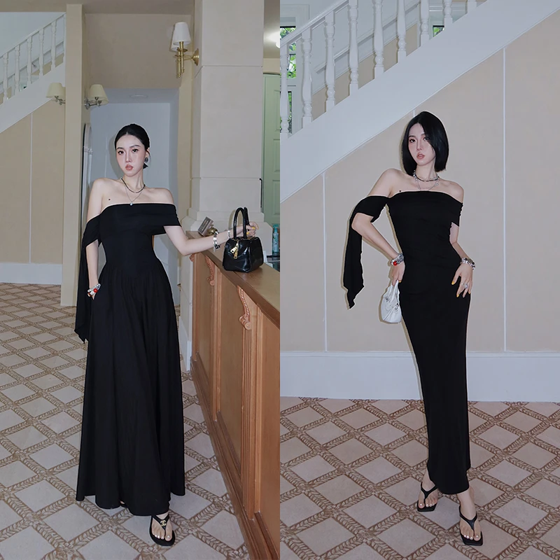 十三粥私服 自由肩 优雅高级遮肉显瘦包容性强女气质连衣裙SQ0379