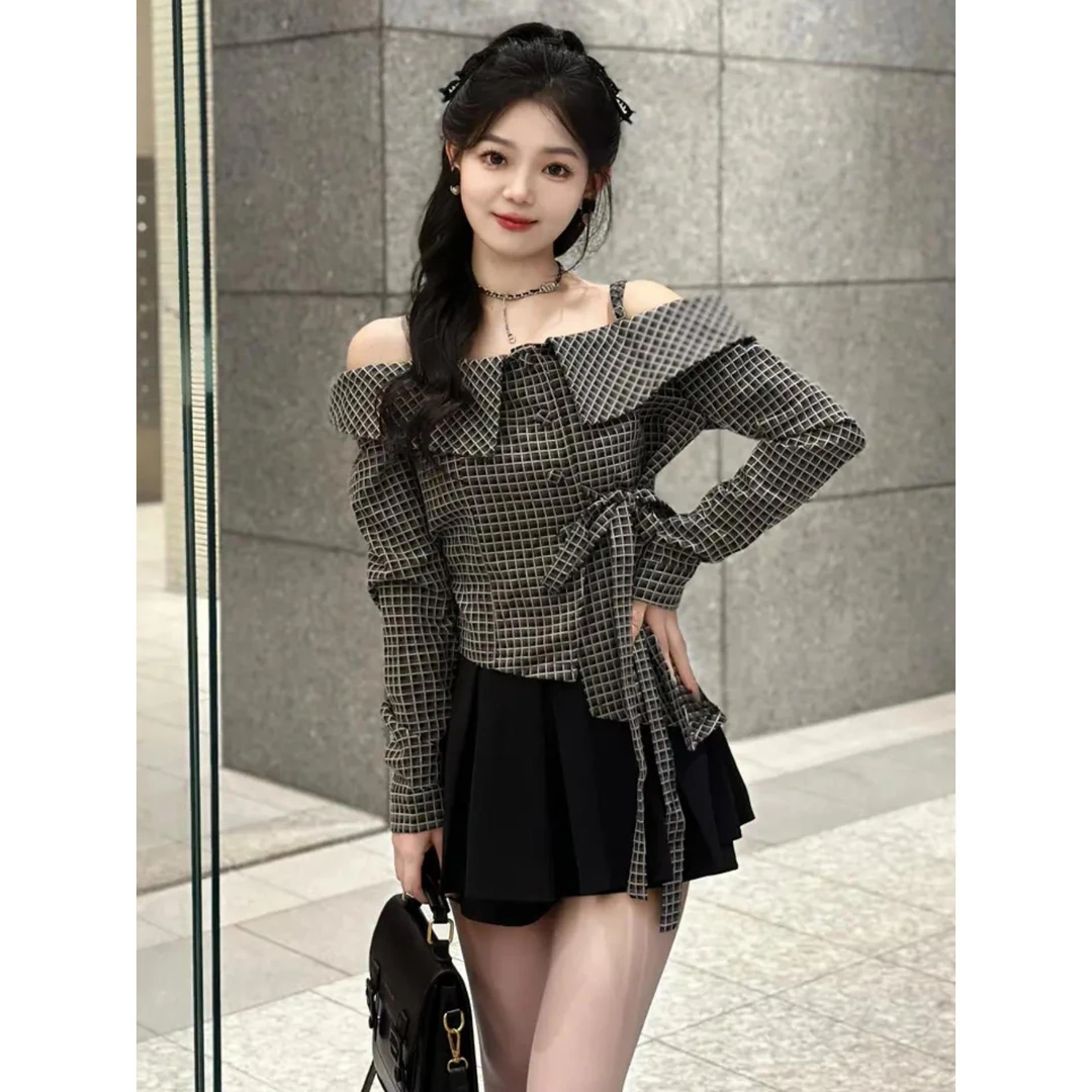 温柔风洋气甜美绑带收腰显瘦长袖荷叶边格子露肩衬衫半身裙套装
