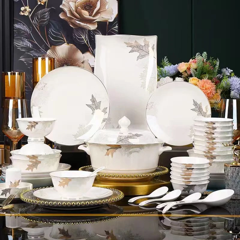 景德镇高档中式金边简约骨瓷套装轻奢餐具-叶叶生辉碗盘家用碗碟