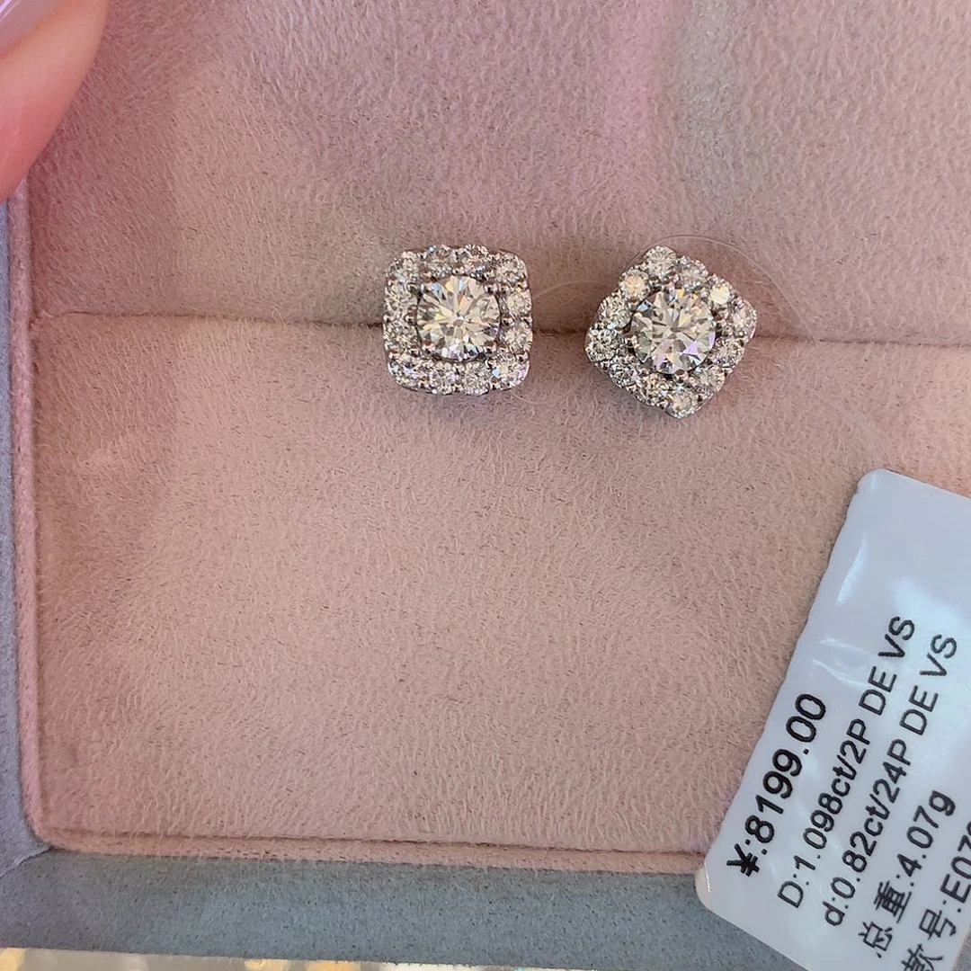 实验室培育钻石铂Pt950镶嵌单颗50分方糖耳钉