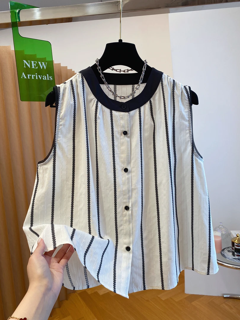 夏季2025新款高级感无袖条纹衬衫上衣女宽松休闲坎肩背心洋气小衫