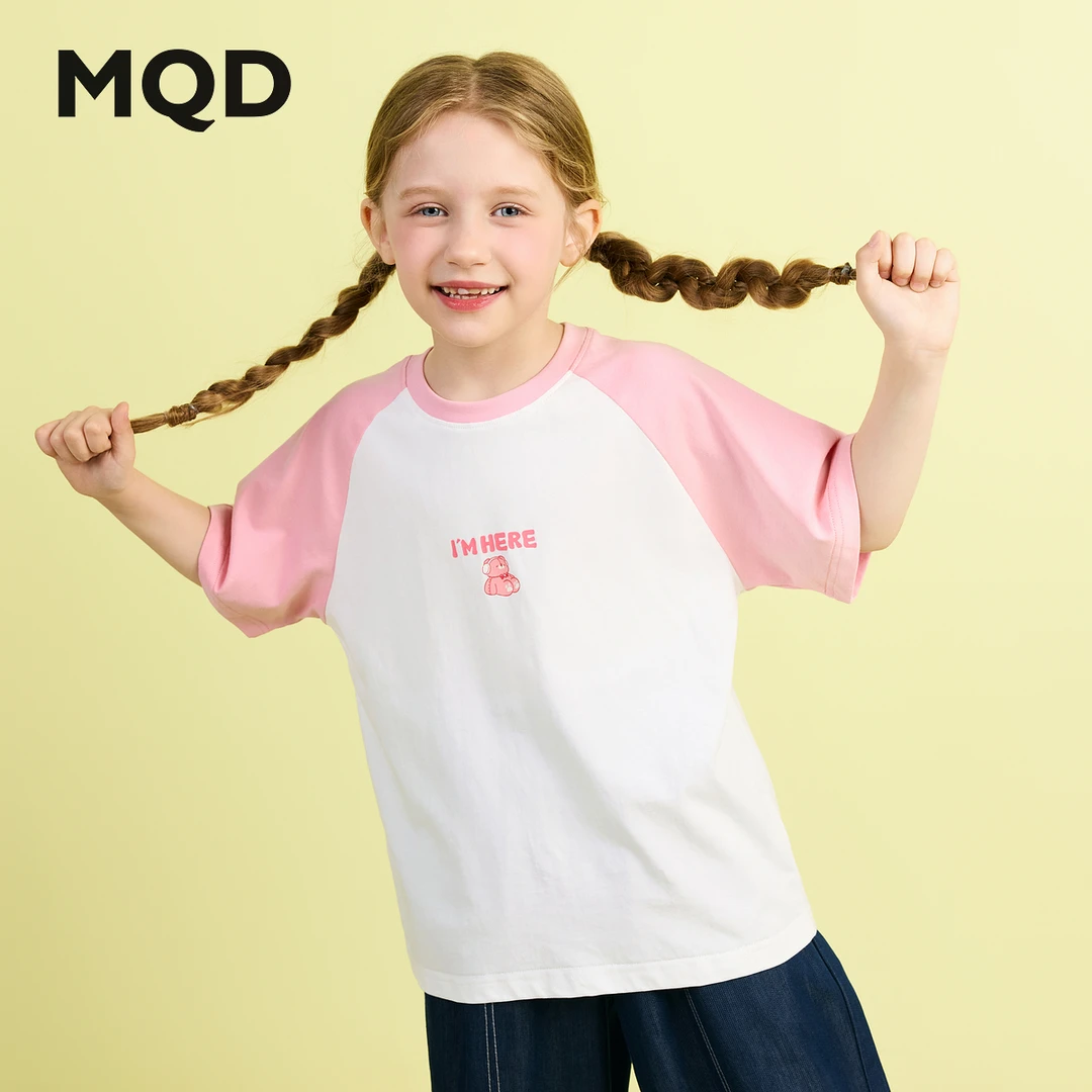 MQD女大童夏新品学院风插肩袖卡通小熊字母短袖亲肤T恤6652W0327