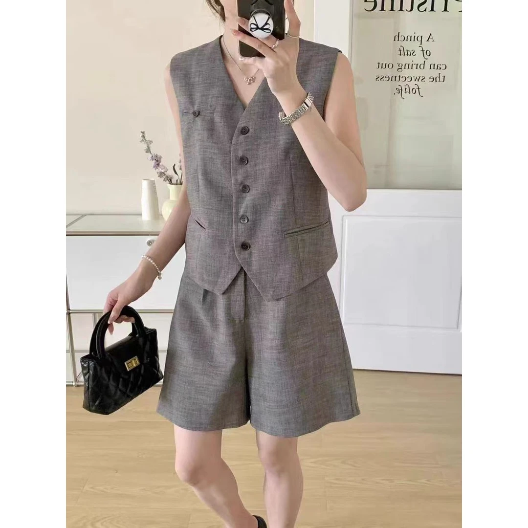 夏季新款时尚亚麻套装女无袖西装马甲+阔腿裤两件套潮