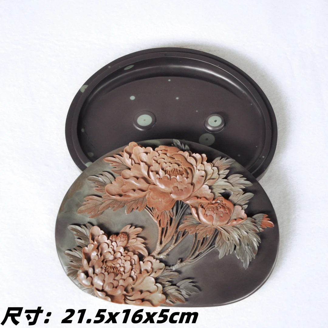 非物质文化遗产苴却砚中国彩砚牡丹花盖砚红花绿叶收藏石色精品料