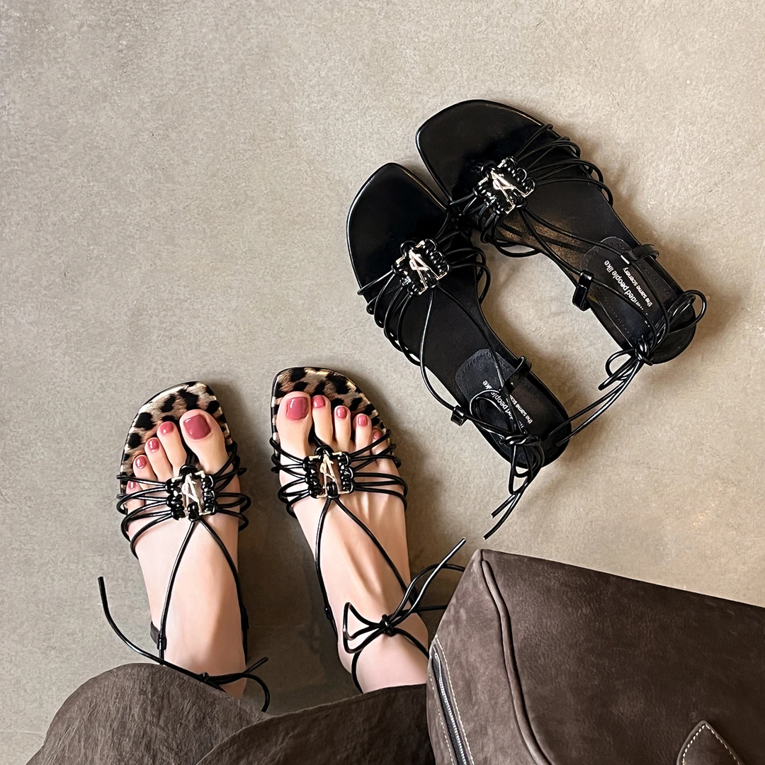 Sheriley77小众百搭高绑带凉鞋低跟豹纹夏季时装凉鞋ol气质女外穿