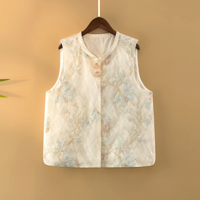 【沐兰】夏季2025新款马甲女装新中式宽松圆领绣花气质薄款上衣马夹