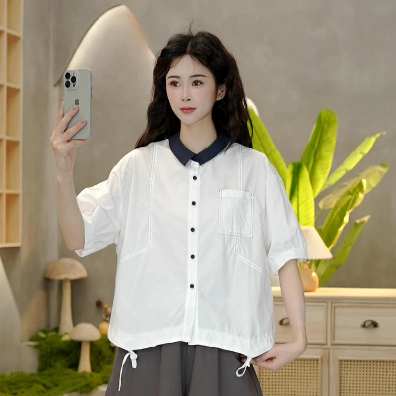 8912 潮流百搭撞色宽松衬衫夏季休闲时尚衬衣上衣