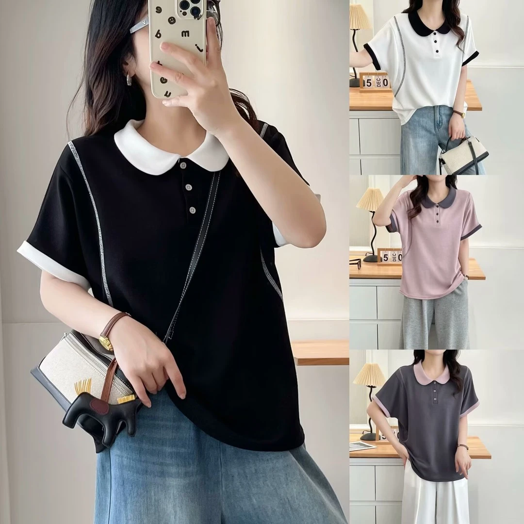 洋气减龄娃娃领撞色短袖T恤女2025夏季新款休闲宽松翻领气质上衣