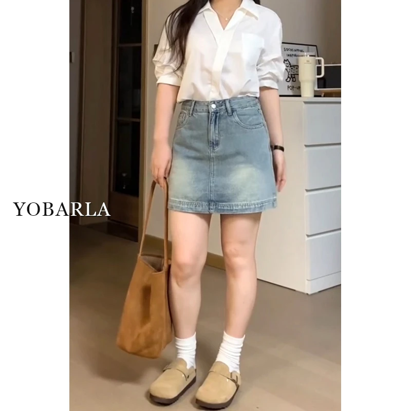 复古高腰牛仔短裙女秋冬新款大码遮肚子显瘦梨形身材a字半身裙子