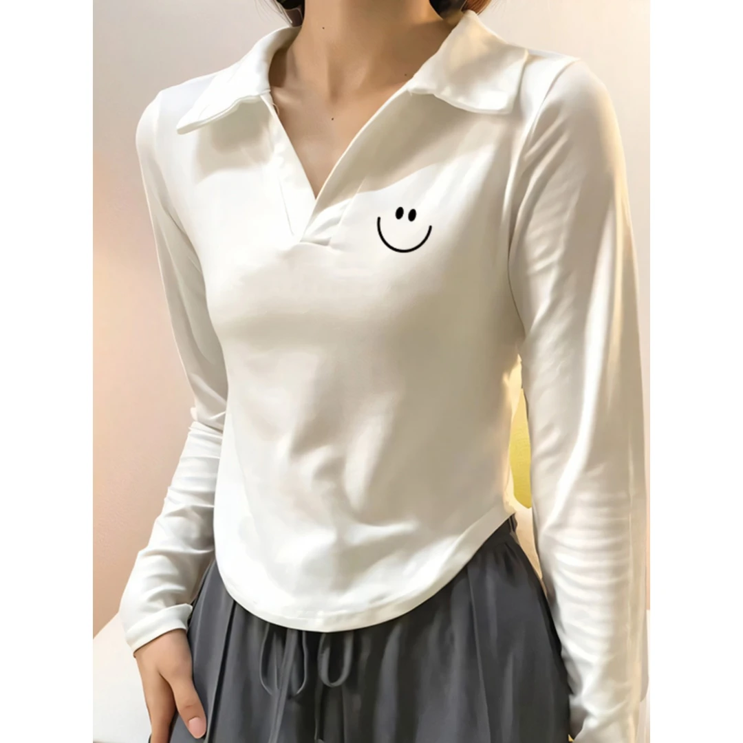 哥弟阿玛施正品白色短款POLO领长袖打底衫女内搭2025新款秋季正肩