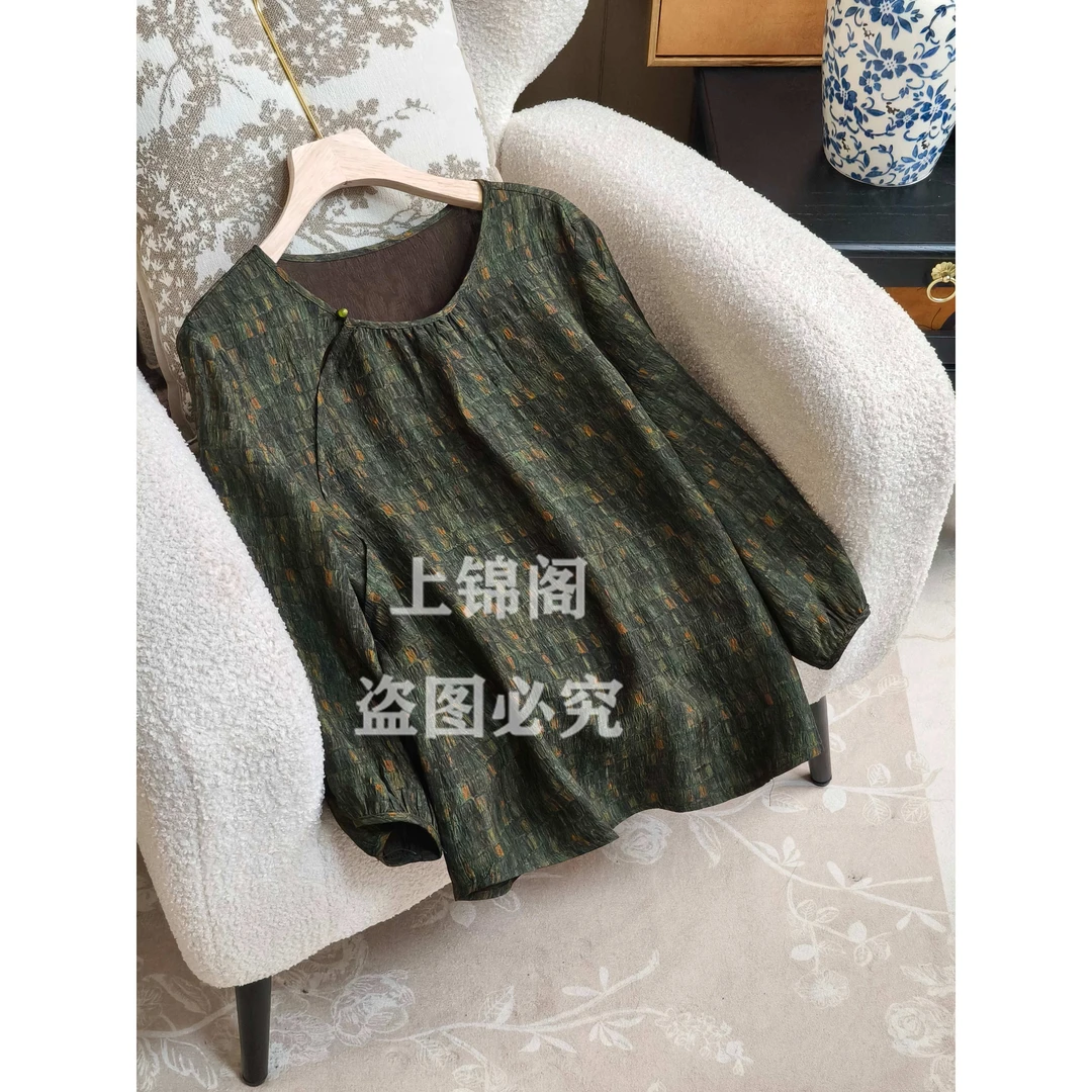 652新中式圆领气质上衣时尚百搭复古休闲宽松夏季绿色中国风女装