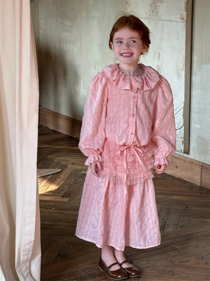 【叁穗家】25春夏女童提花荷叶领衬衣花边半身裙两件套女童韩系套装