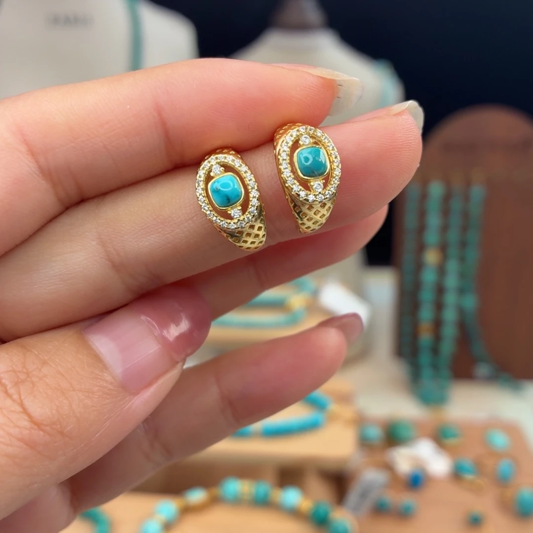 绿松石银S925镀金镶嵌耳饰