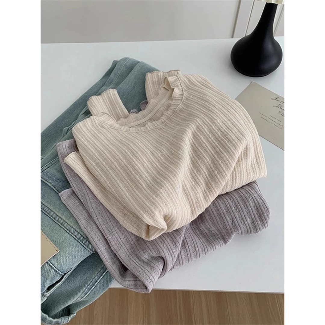 大码300斤韩系软糯木耳边坑条圆领长袖T恤秋冬新款纯色针织打底衫