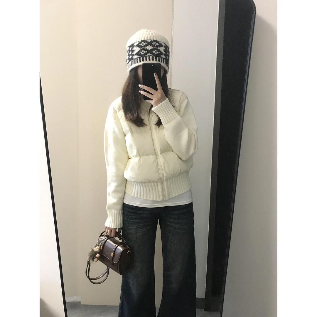 奶油泡芙针织拼接毛衣棉服女2025秋冬新款韩系高级感保暖棉外套