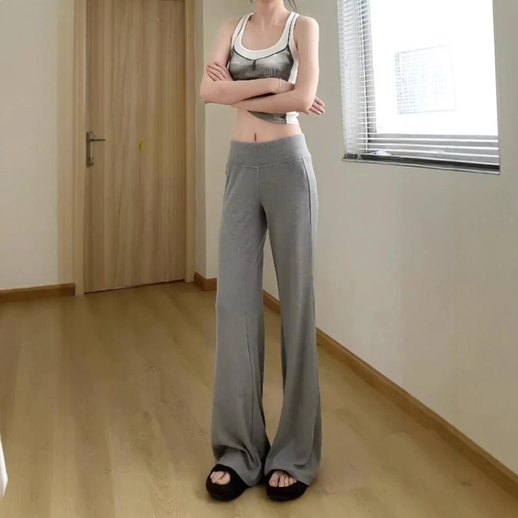 灰色辣妹休闲卫裤女春秋新款慵懒风高腰垂感阔腿裤微喇叭拖地长裤